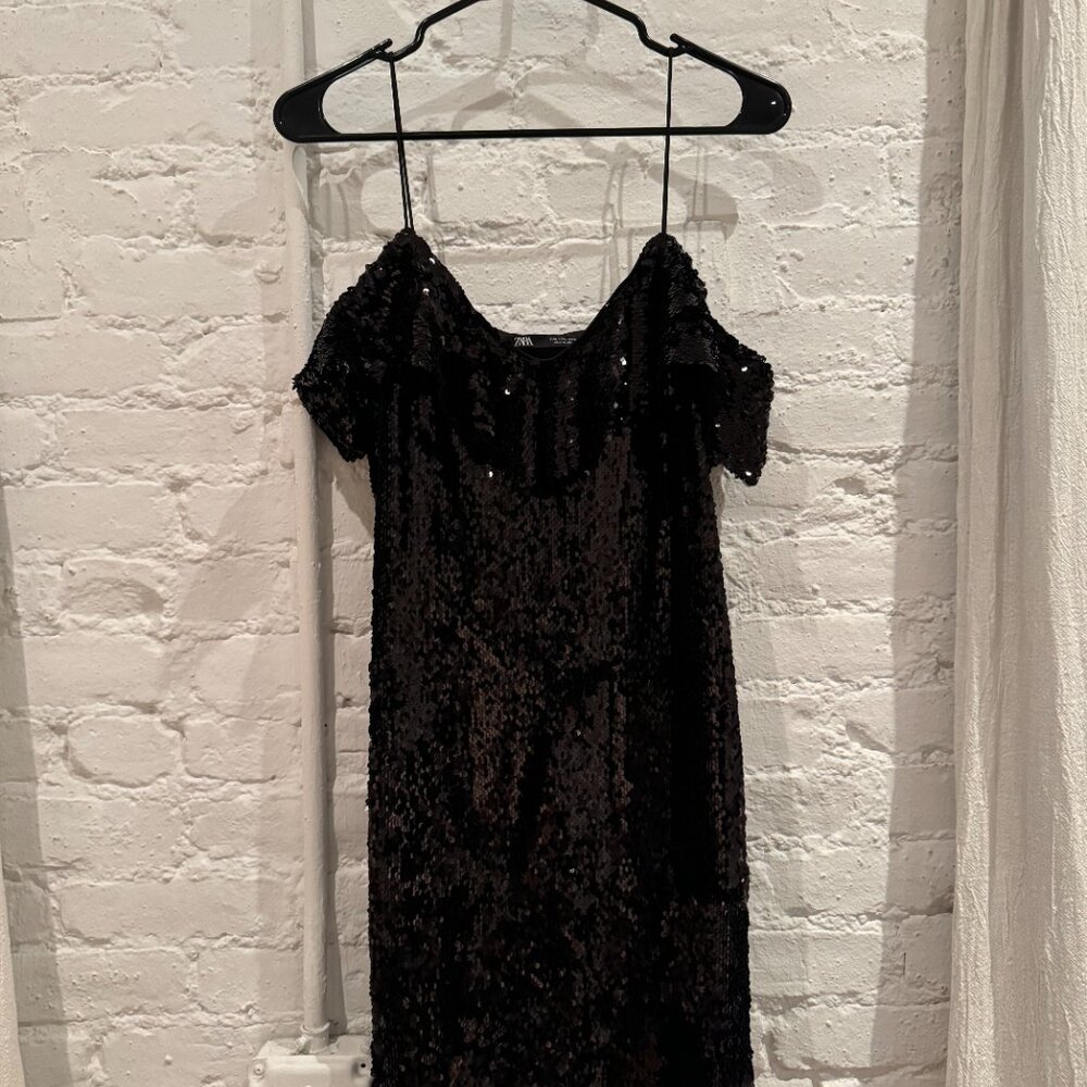 Zara sequin mini dress ruffle top, black